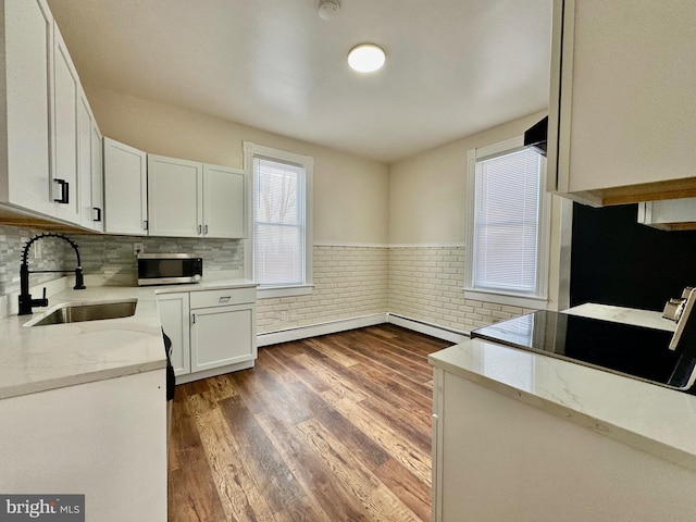 kitchen with light stone counters, sink, white cabinetry, and dark hardwood / wood-style flooring