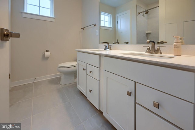 bathroom with toilet, tile patterned flooring, a shower, and vanity