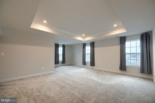 carpeted spare room with a raised ceiling