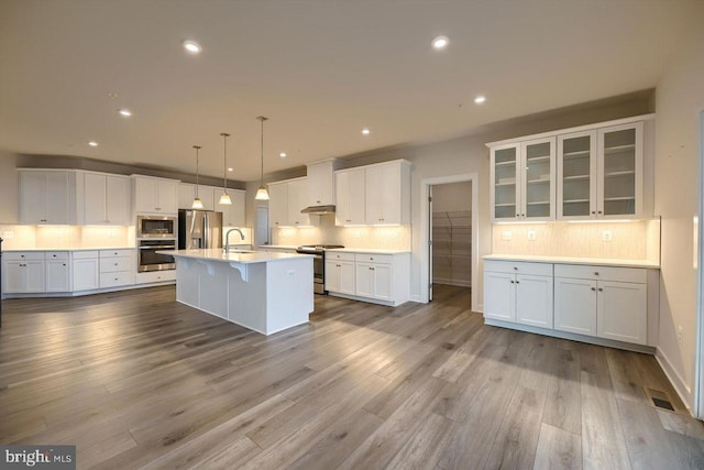 kitchen with stainless steel appliances, an island with sink, light hardwood / wood-style flooring, and decorative light fixtures