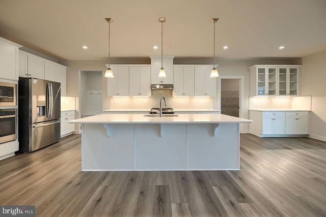 kitchen featuring hanging light fixtures, a spacious island, stainless steel appliances, and white cabinetry