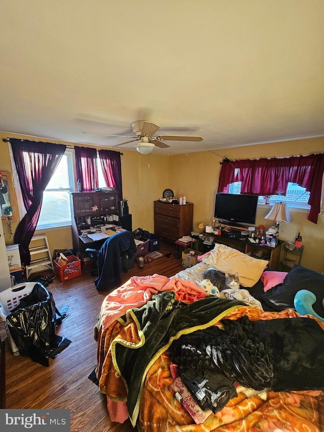 bedroom with ceiling fan and hardwood / wood-style floors