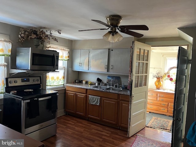 kitchen with stainless steel appliances, dark wood-type flooring, and plenty of natural light