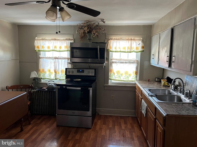 kitchen featuring stainless steel appliances, a sink, dark wood finished floors, and radiator