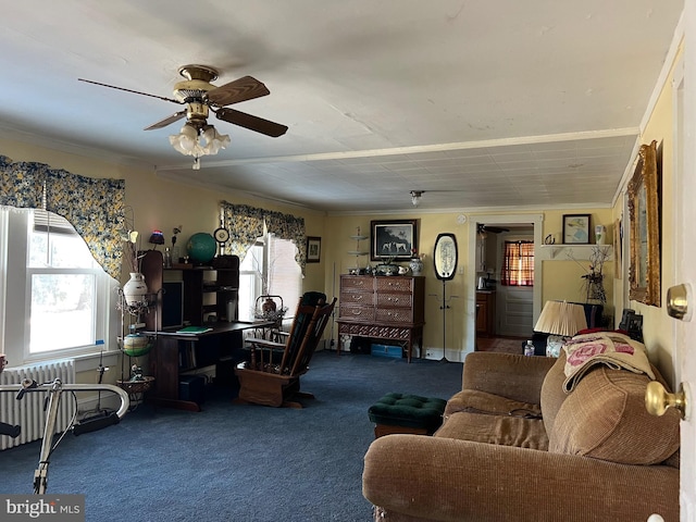 carpeted living room with radiator, a ceiling fan, and crown molding