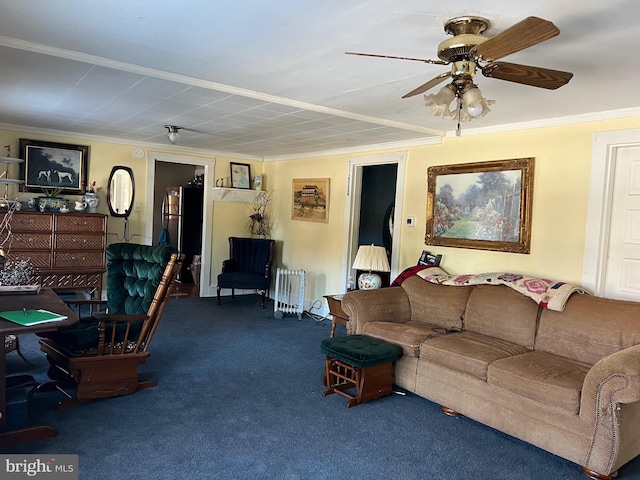 living room with radiator heating unit, a ceiling fan, crown molding, and carpet flooring