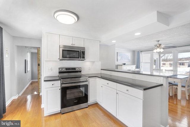 kitchen with backsplash, white cabinets, kitchen peninsula, and appliances with stainless steel finishes