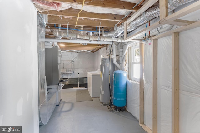 basement with independent washer and dryer and electric water heater