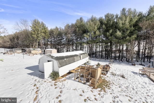 snowy yard with a storage shed