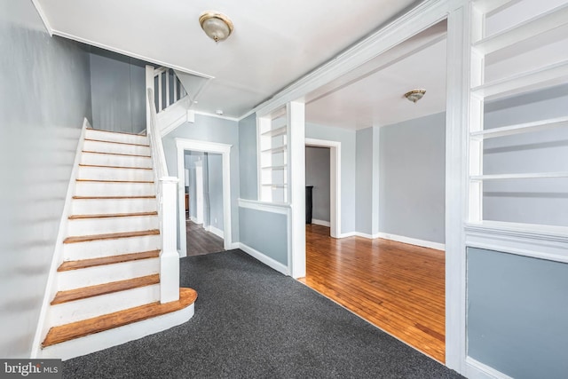 stairway featuring carpet floors and built in features