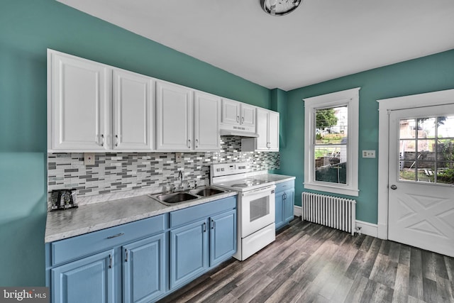 kitchen featuring white electric range oven, radiator heating unit, tasteful backsplash, sink, and blue cabinetry