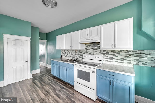 kitchen featuring decorative backsplash, sink, white cabinetry, white range with electric cooktop, and blue cabinets