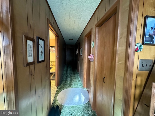 hall featuring wooden walls and carpet flooring