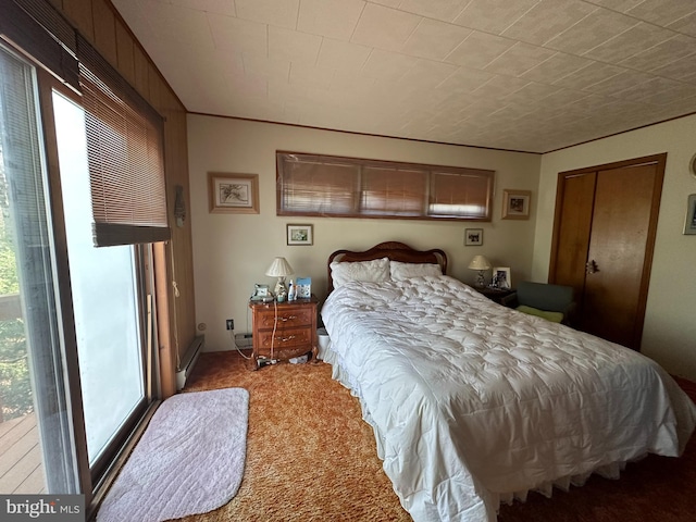 bedroom featuring multiple windows, a baseboard heating unit, carpet flooring, and a closet