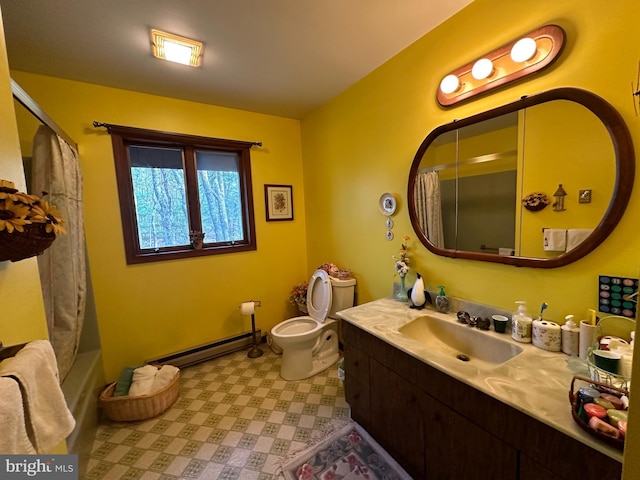 full bathroom featuring shower / tub combo, vanity, a baseboard radiator, and toilet