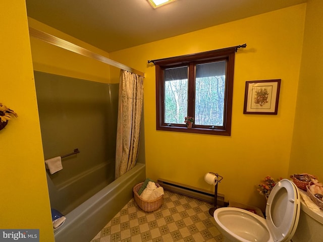 bathroom featuring shower / tub combo with curtain, baseboard heating, and toilet