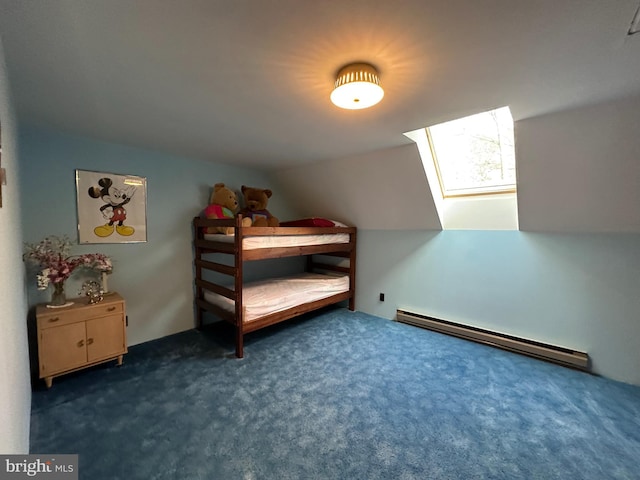 bedroom featuring a baseboard radiator, lofted ceiling with skylight, and dark carpet