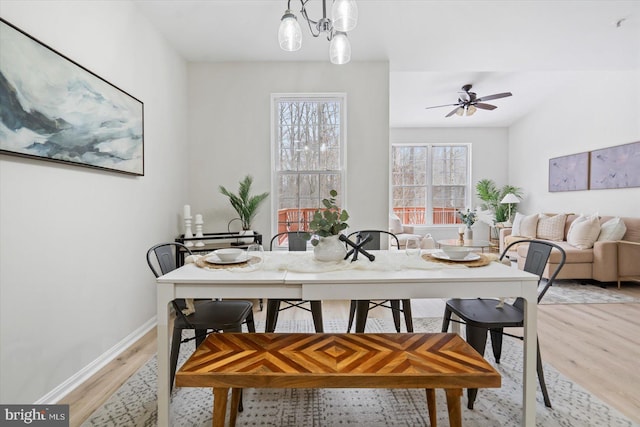 dining room featuring light wood-type flooring and ceiling fan with notable chandelier