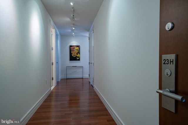 corridor featuring dark hardwood / wood-style flooring and track lighting