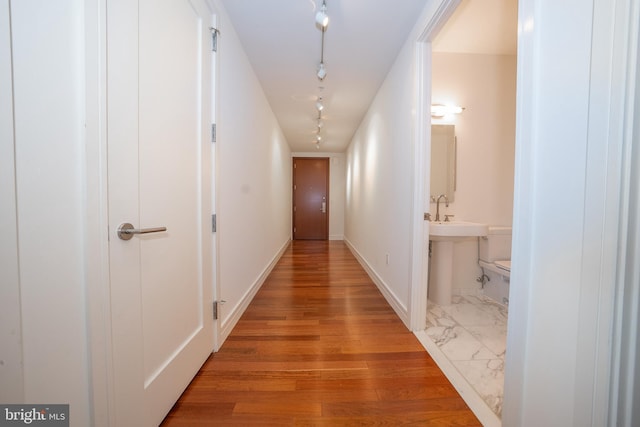 hall with sink, wood-type flooring, and track lighting