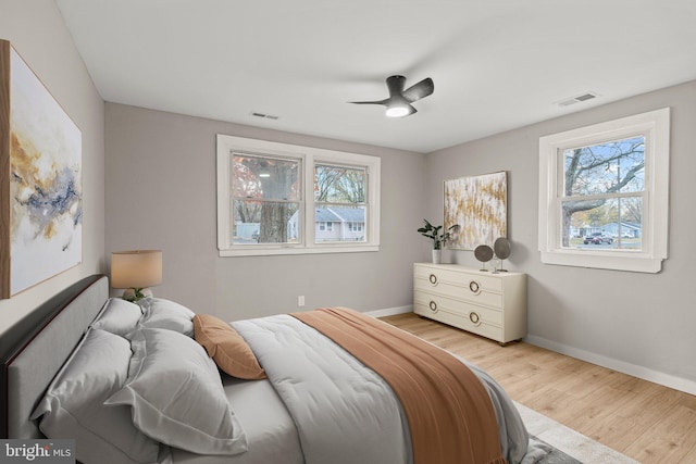 bedroom featuring ceiling fan and light hardwood / wood-style floors