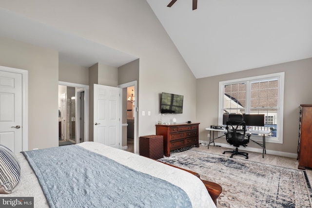 bedroom featuring ceiling fan, lofted ceiling, and carpet floors