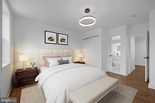 bedroom featuring wood-type flooring, a closet, and connected bathroom