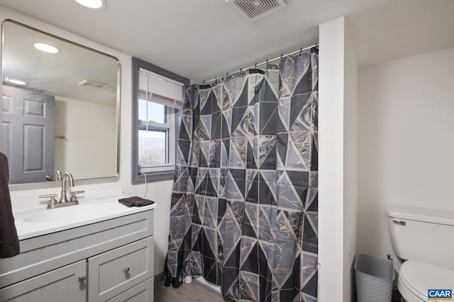 bathroom featuring toilet, vanity, and curtained shower