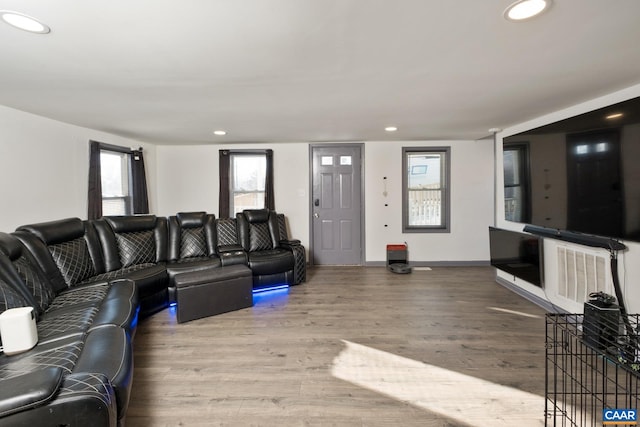 living room with plenty of natural light and light hardwood / wood-style flooring