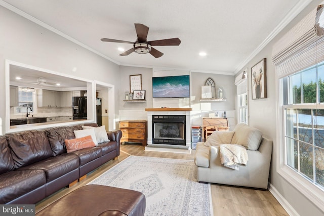 living room with a wealth of natural light, lofted ceiling, light hardwood / wood-style floors, and sink