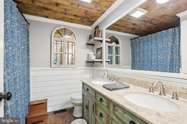 bathroom with toilet, wooden walls, wooden ceiling, tile patterned floors, and crown molding