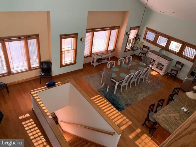 dining room with high vaulted ceiling and wood-type flooring