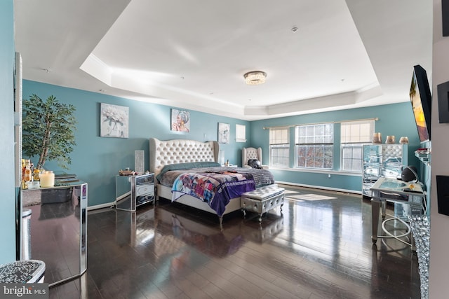 bedroom with a tray ceiling and dark hardwood / wood-style floors