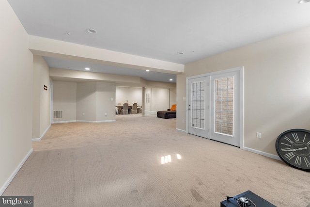 basement featuring carpet flooring