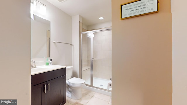 bathroom featuring vanity, tile patterned floors, toilet, and walk in shower