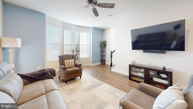 living room featuring ceiling fan and light wood-type flooring