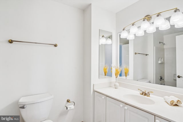 full bathroom with a shower, vanity, and toilet