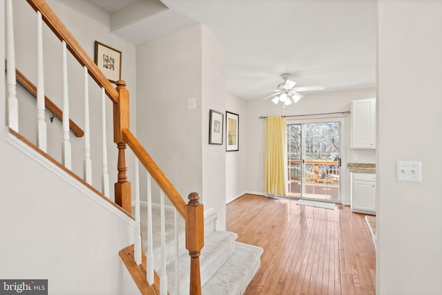 entryway with ceiling fan and light wood-type flooring