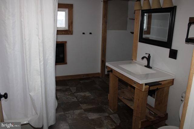 bathroom with toilet, a shower with curtain, and sink