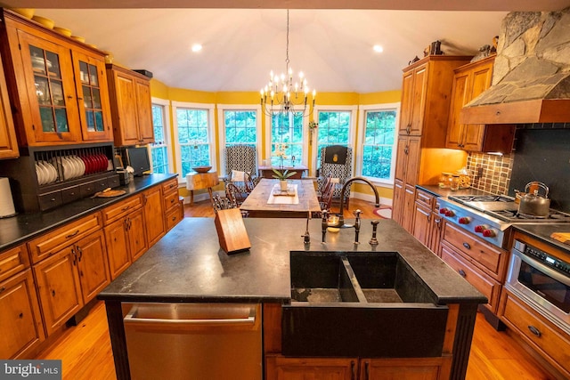 kitchen with premium range hood, appliances with stainless steel finishes, decorative backsplash, a notable chandelier, and a kitchen island with sink