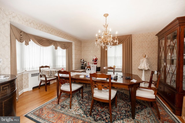 dining room with radiator heating unit, a healthy amount of sunlight, an inviting chandelier, and hardwood / wood-style flooring