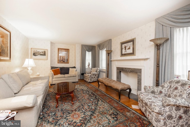 living room with hardwood / wood-style floors and a premium fireplace