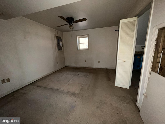 empty room with ceiling fan and electric panel