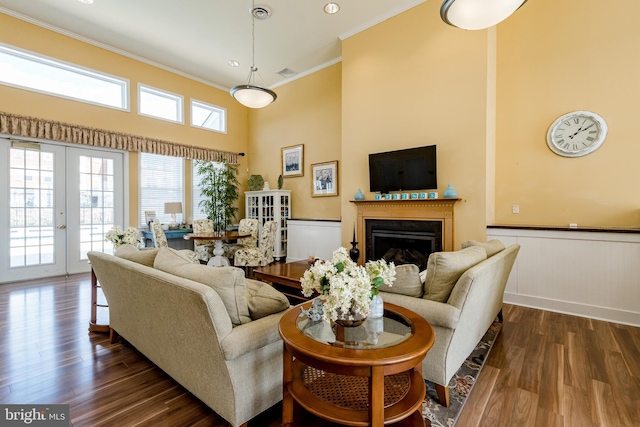 living room featuring crown molding, dark hardwood / wood-style flooring, and french doors