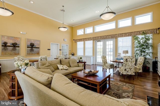 living room with ornamental molding, dark hardwood / wood-style floors, a high ceiling, and french doors