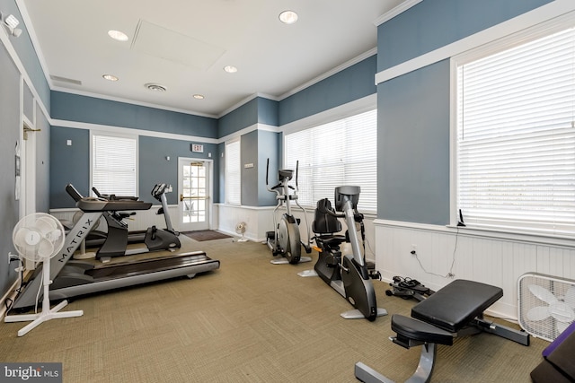 workout area featuring ornamental molding and carpet flooring