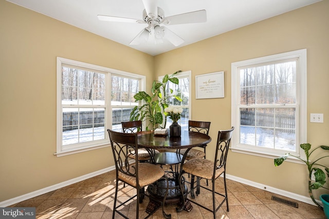 dining area with ceiling fan, a healthy amount of sunlight, and tile patterned flooring