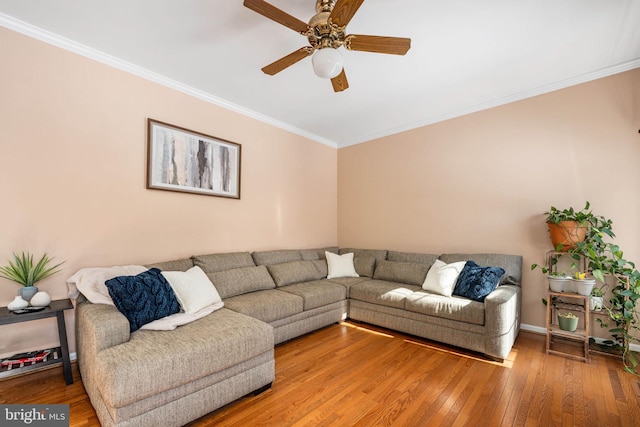 living room featuring hardwood / wood-style flooring, ornamental molding, and ceiling fan