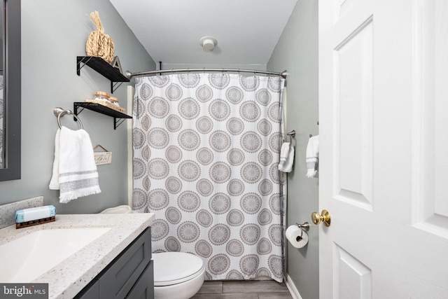 bathroom featuring toilet, vanity, and a shower with shower curtain