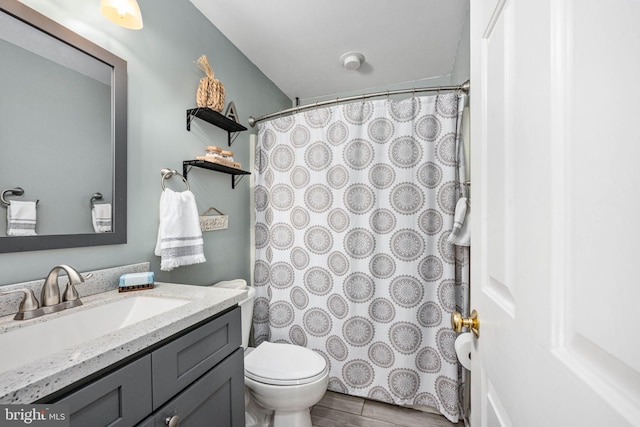 bathroom featuring toilet, vanity, and curtained shower